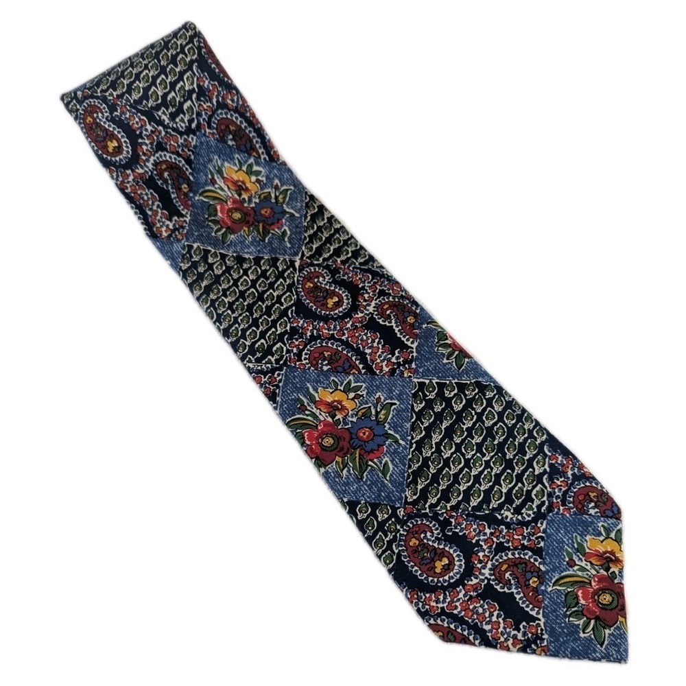 Vintage Patchwork Paisley Floral Silk Blend Necktie Navy Blue Red Men's Tie